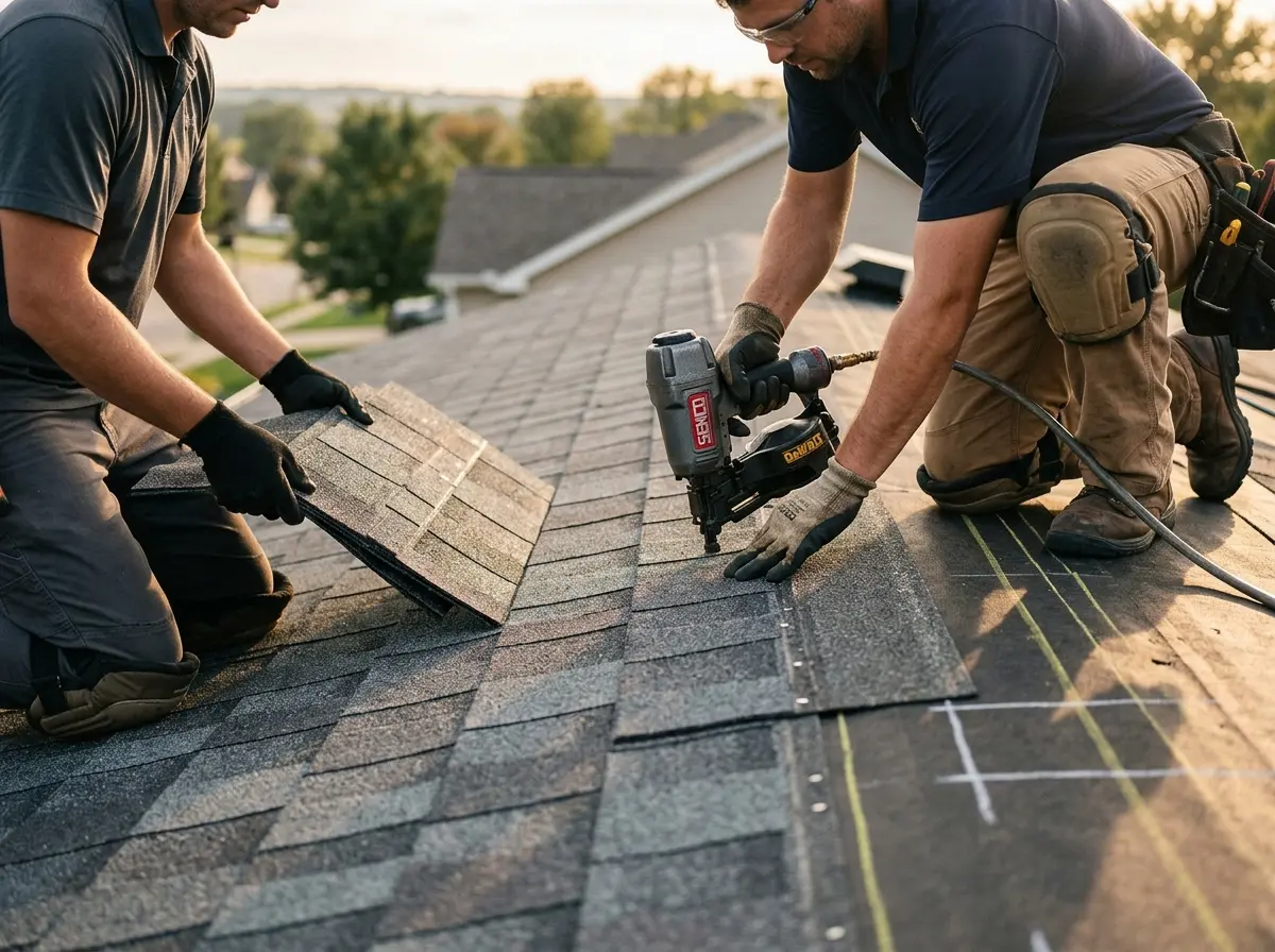 Professional roofer working on a residential roof in La Habra Heights